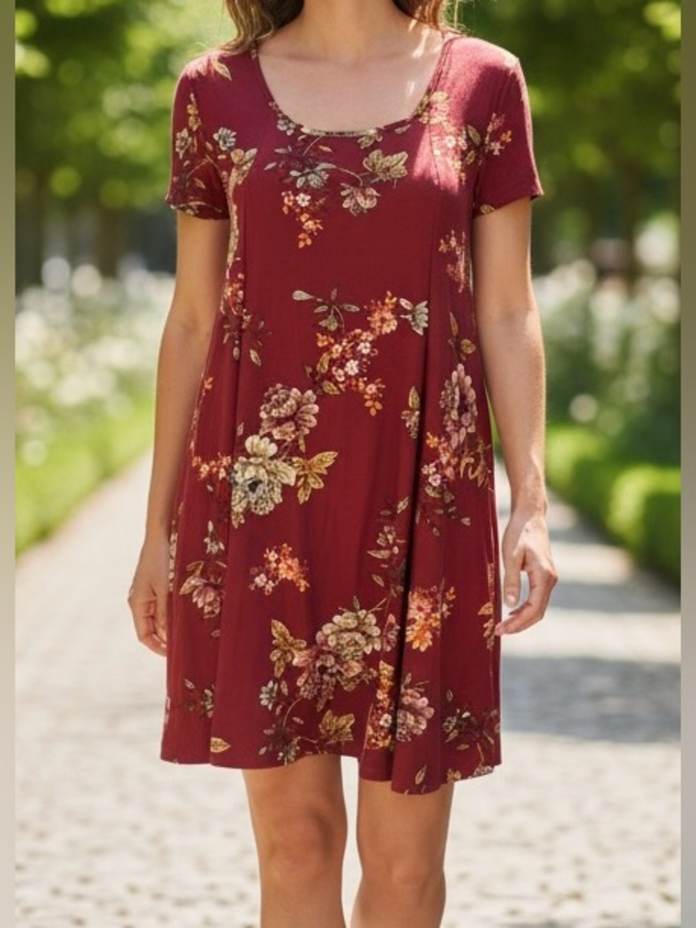 Pink Rose Burgundy Floral Swing Dress Size L Boho Cottagecore